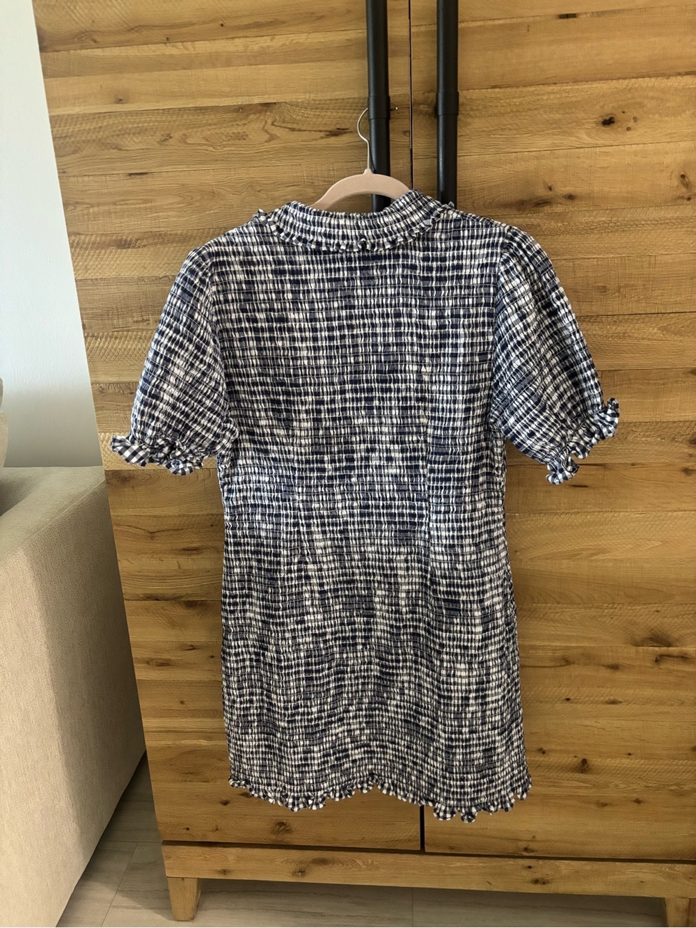 Jason Wu Collective Gingham Smocked Shirt Dress Navy White Size 10 Ruffle - Picture 3 of 3